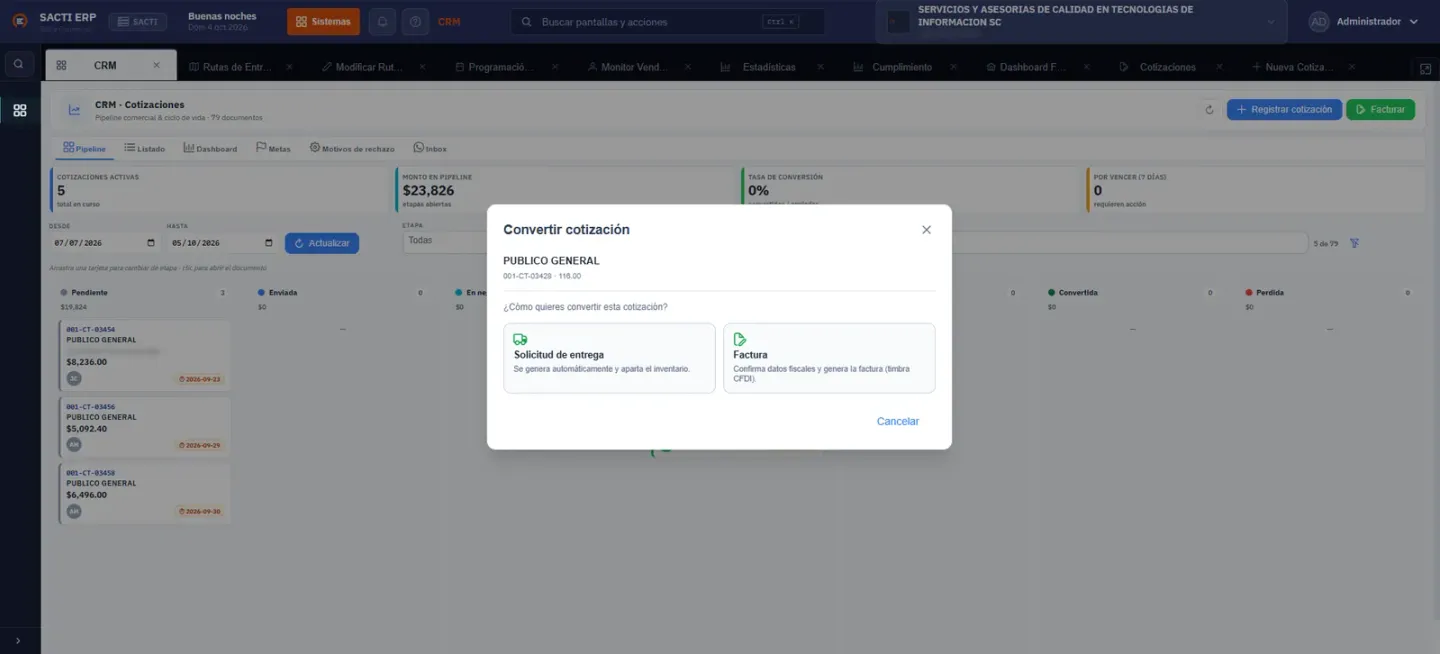 De la cotización a la entrega o a la factura
