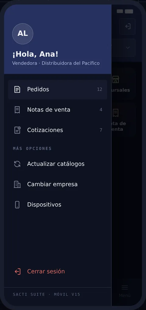 Menú lateral de la app